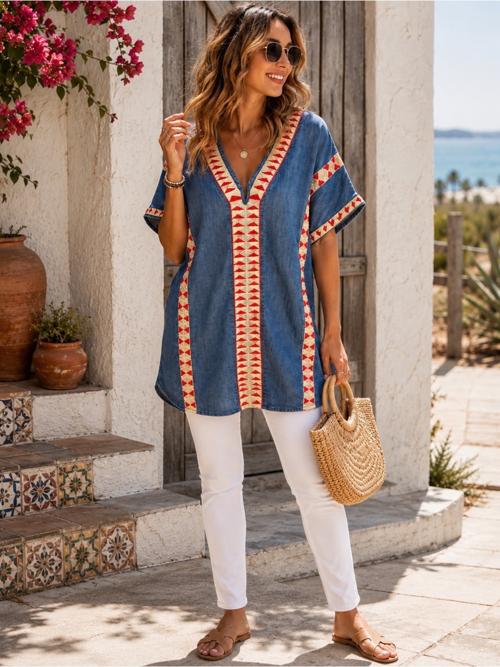 Zara TRF Embroidered Denim Tunic Top Boho Festival Hippie Oversized Size M